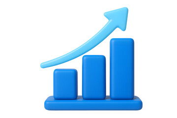 3D blue bar chart icon with upward arrow showing business growth, isolated on transparent background