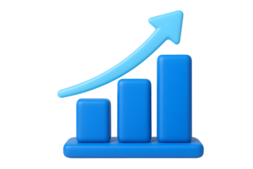 3D blue bar chart icon with upward arrow showing business growth, isolated on transparent background