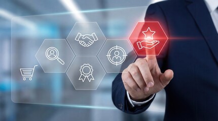 Professional businessman interacting with a translucent digital screen highlighting customer loyalty and service icons in a modern corporate setting