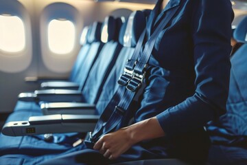 Passenger fastening seat belt on airplane during flight for safety