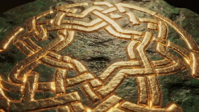 Celtic knot pattern glowing on green stone. Golden interlaced symbol for St. Patrick's Day. Ancient Irish heritage and mysticism concept