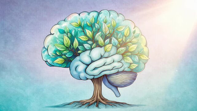 Mental health awareness concept with human brain illustrated as a growing tree. Symbol of emotional growth, healing, mindfulness and mental wellbeing connected to nature and balance.