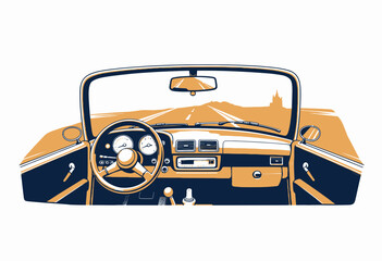 Scenic Driving Journey in Vintage Convertible with Open Road and Horizon View from Driver's Seat in Retro Illustration Style