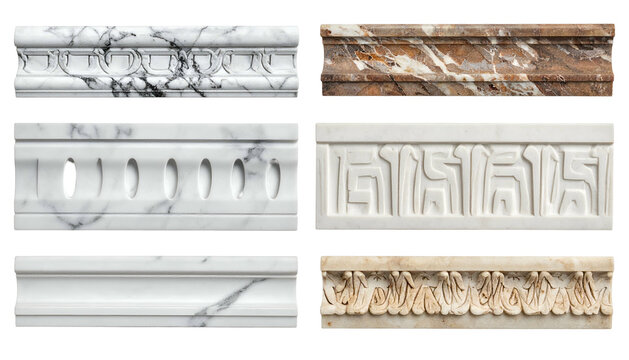 Six detailed close-ups of ornate molding trim samples in various marble and stone textures
