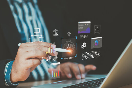 Business professional using AI chatbot assistant on laptop with futuristic interface and data analytics dashboards, showing automation, machine learning, and digital transformation for productivity. - Powered by Adobe