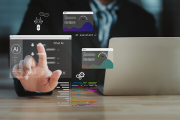 Business professional using AI chatbot assistant on laptop with futuristic interface and data analytics dashboards, showing automation, machine learning, and digital transformation for productivity.