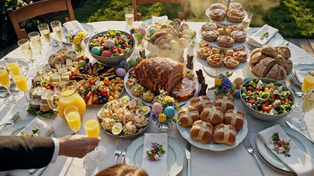 Festive Easter feast table outdoors with glazed ham and hot cross buns. Hands toasting with drinks during a sunny spring holiday meal. Traditional family gathering concept