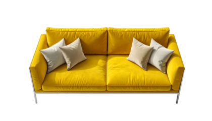 Vibrant yellow couch with four neutral pillows, isolated on black. Top-down view
