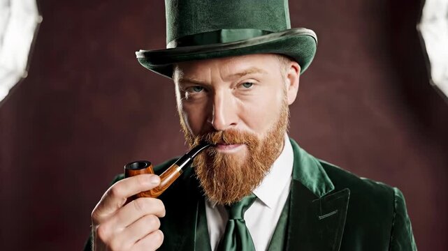 Portrait of a smiling man with a red beard dressed as a leprechaun for St. Patrick's Day. Irish character in a green suit and top hat smoking a pipe in a studio. Holiday celebration concept