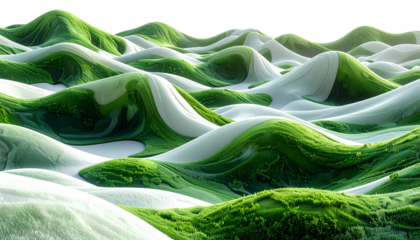 Abstract landscape of rolling hills, lush green contrasting with white smooth texture