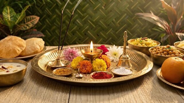 Traditional Puja Setup with Thali and Incense