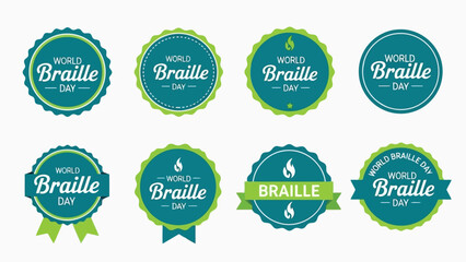 Collection of world braille day badges and labels in teal and green