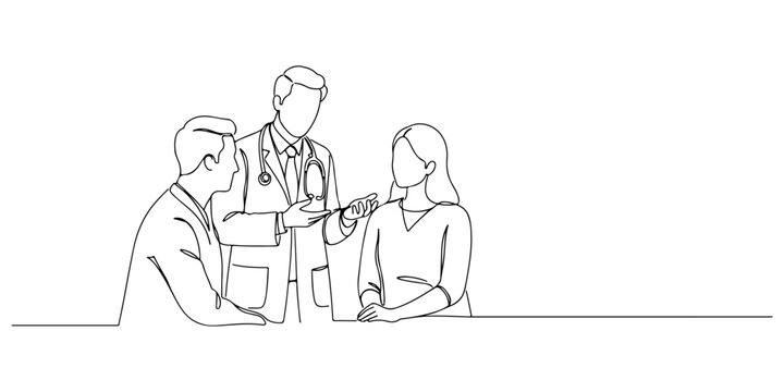 Continuous one line of a doctor asking questions to a patient, symbolizing interactive diagnosis, drawn vector illustration. - Powered by Adobe