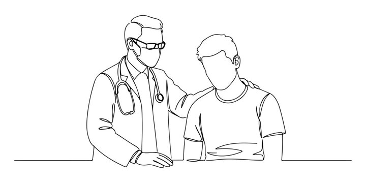 Continuous one line of a patient nodding as the doctor explains, symbolizing understanding, drawn vector illustration.