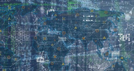 Animation of world map with network of connections and data processing - Powered by Adobe