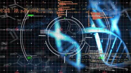 Animation of data processing and scope scanning over dna structures spinning on black background - Powered by Adobe