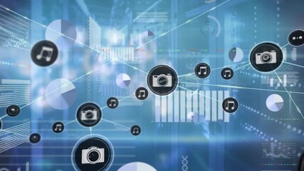 Animation of network of digital icons over statistical data processing against computer server room - Powered by Adobe