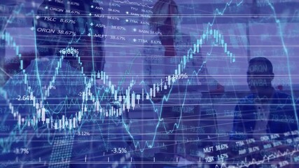 Animation of financial data processing over diverse group of colleagues discussing at office - Powered by Adobe