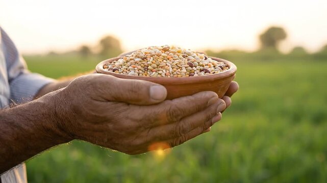 Hands Holding Bowl of Assorted Grains and Pulses