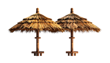 Two tiki umbrellas with thatched roofs, wooden poles, isolated on black background