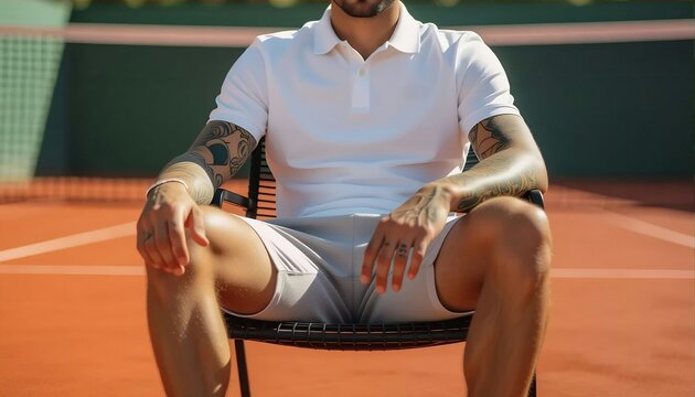 Close-up of a tattooed man in a white polo shirt sitting on a tennis court chair. Professional athlete lifestyle on a clay court with a focus on arm tattoos and casual sports fashion.