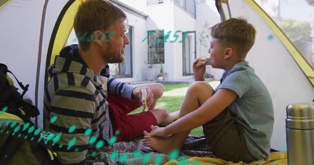 Animation of data processing over caucasian father and son sitting in tent - Powered by Adobe