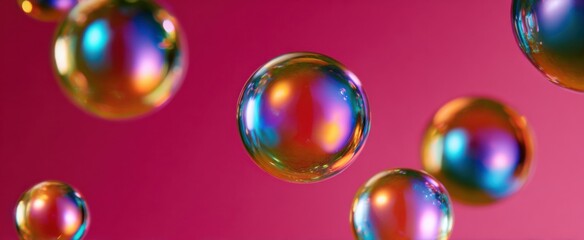 Fototapeta premium Colorful soap bubbles dance like tiny rainbows reflecting light for a shiny surface effect.
