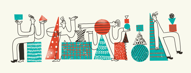 Abstract Business Teamwork Illustration with Diverse People Balancing Geometric Shapes