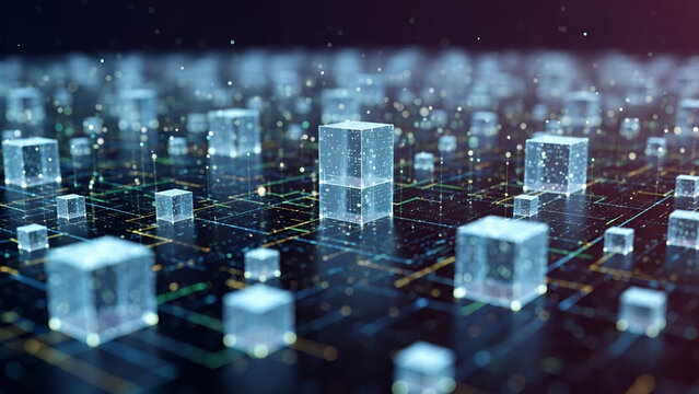 An abstract digital cityscape of a Tokyo skyscraper at night featuring a fiber optics circuit board background with glowing light spots and green urban technology architecture - Powered by Adobe