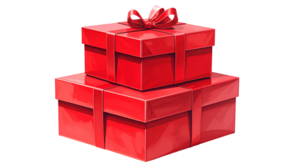 Two red gift boxes stacked, tied with ribbons, isolated on black background