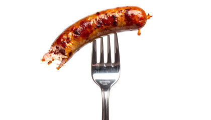 A cooked, grilled sausage speared by a shiny silver fork against a black backdrop