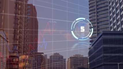 Animation of countdown over statistics and financial data processing with cityscape - Powered by Adobe