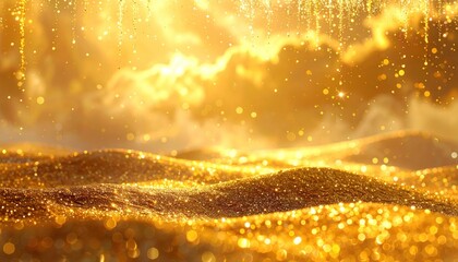 Golden Abstract Landscape with Sparkling Particles and Dreamy Atmosphere.
