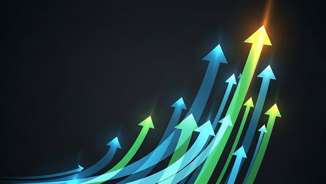 3D abstract illustration of a blue financial business growth graph with a red arrow moving up on a black background representing market success and economic profit - Powered by Adobe