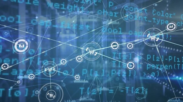 Animation of connected icons, programming language, graphs, lens flares against server room