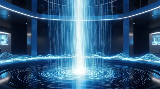 Futuristic Digital Waterfall in Dark Room with Neon Blue Lighting and Concentric Circle Patterns, Isometric Vector Art, Perfect for Tech Backgrounds