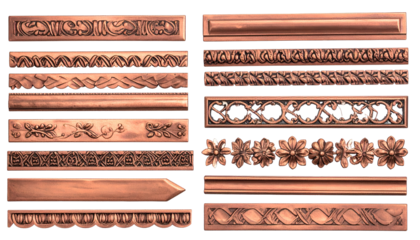 Multiple decorative, ornate trim moldings in varying styles, carved in bronze-like hues