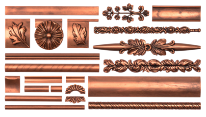 Bronze-colored ornamental architectural elements in varied shapes, meticulously arranged