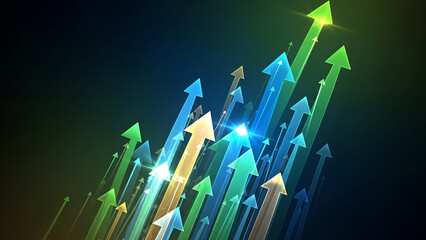 Abstract 3d vector background featuring colorful arrows and a business growth chart illustrating a successful financial direction toward a house building sign