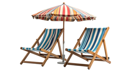 Two striped beach chairs sit beneath a colorful, striped sun umbrella, isolated on black