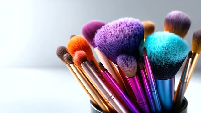 Colorful assortment of cosmetic makeup brushes with blank space, beauty services promotion, makeup tutorial tools, elegance and artistry concept, with copy space
