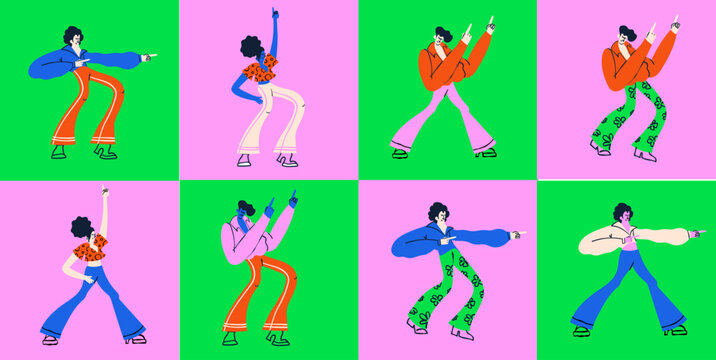 Retro Disco Dancers Illustration: Vibrant 70s Style Characters for Party, Celebration, Music Events and Lifestyle Branding