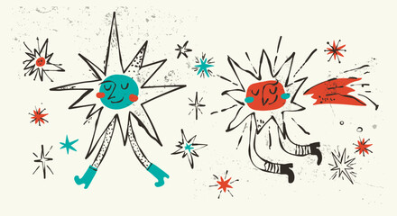 Retro Star Sparks and Hand Drawn Doodle Elements with Grainy Texture