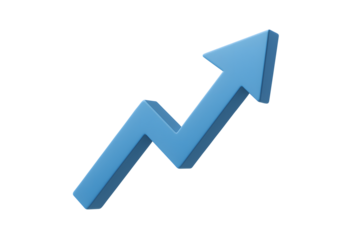 Blue zigzag upward arrow icon showing business growth and financial success isolated on transparent background