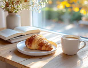Cozy winter breakfast with coffee cup and croissant
