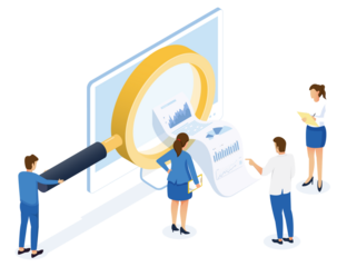 Business concept finance and statistics. Business man holding a magnifying glass on computer