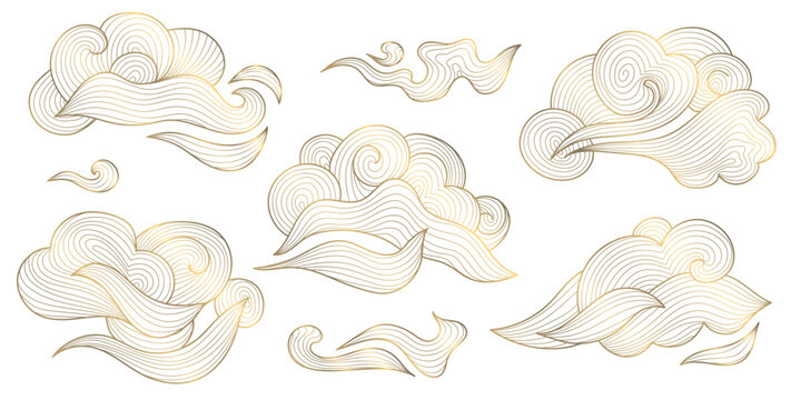 Luxury Asian cloud wave pattern, elegant gold line ornaments, vector background. Abstract Chinese and Japanese flowing wind shapes, soft organic curves