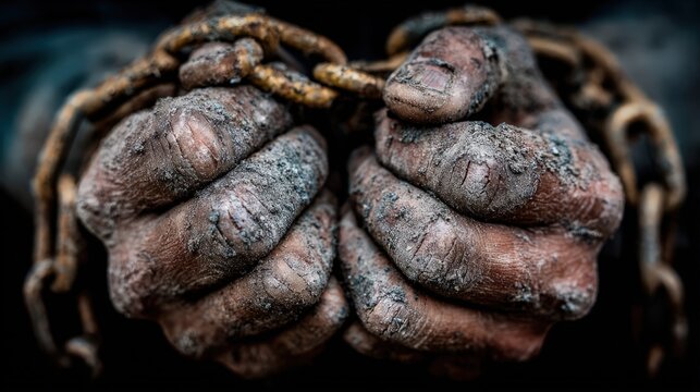 Dirty hands bound in rusty metal chains