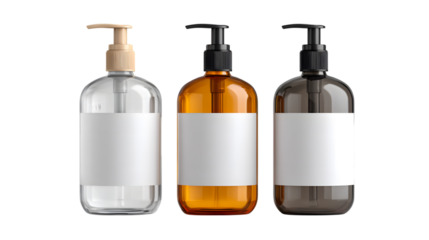 Three soap dispenser bottles with labels isolated on a transparent background 