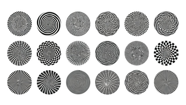 Collection of mesmerizing circular optical illusions and grayscale spiral patterns